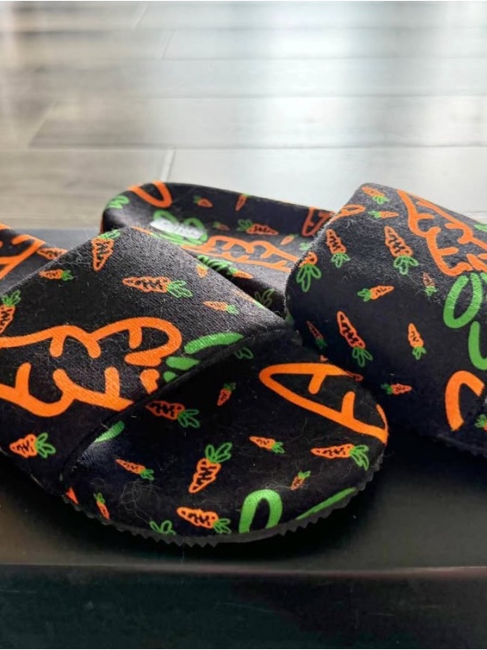 Anwar Carrots Black Slide Sandals w/ Orange & Green Logo